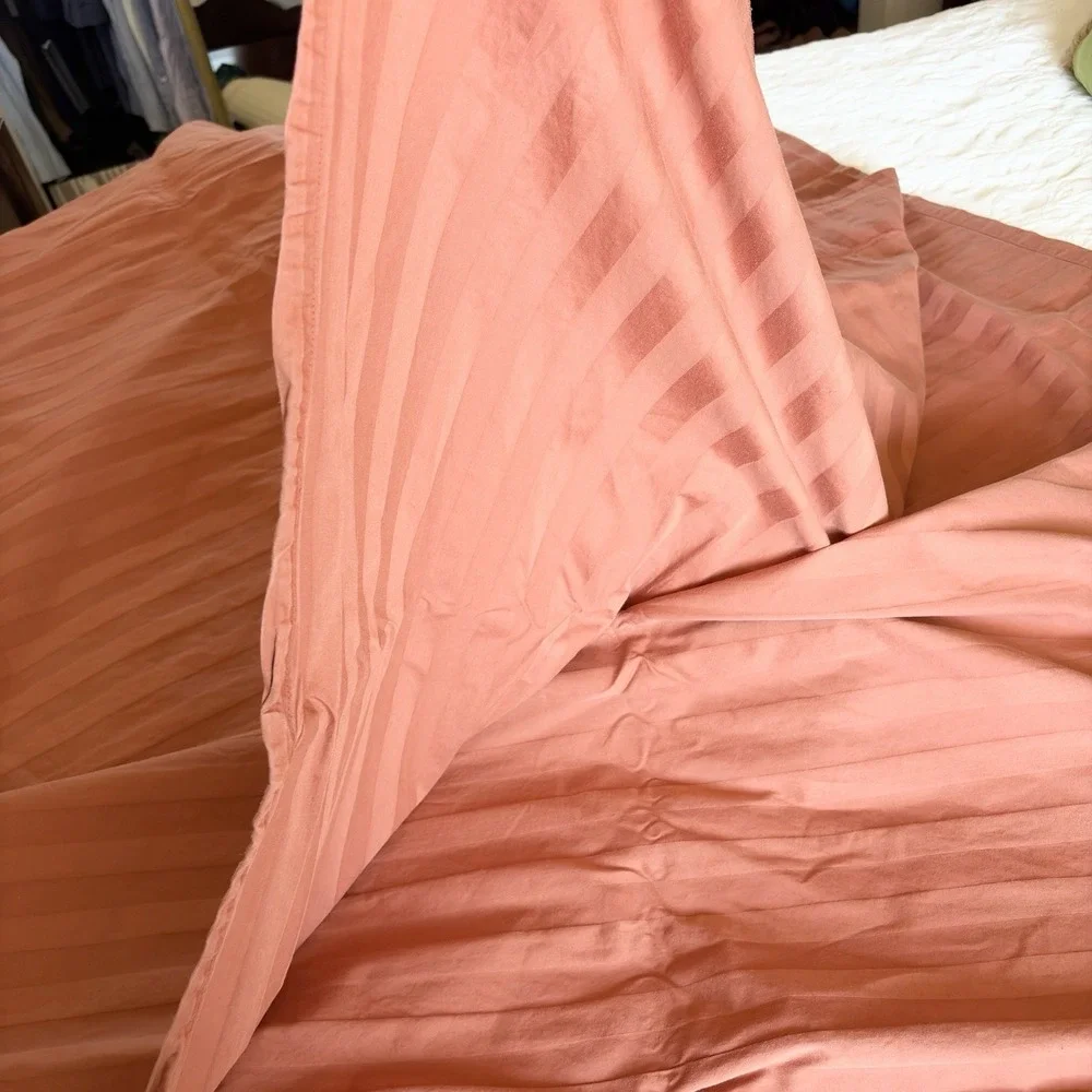The Company Store King Flat Sheet Supima Cotton Terra-Cotta Rust Stripe Sateen